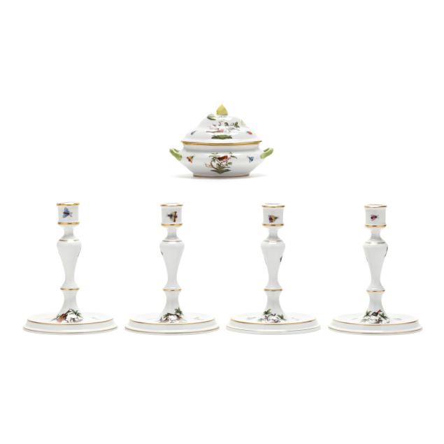 herend-two-pairs-of-i-rothschild-bird-i-porcelain-candlesticks-and-a-miniature-tureen