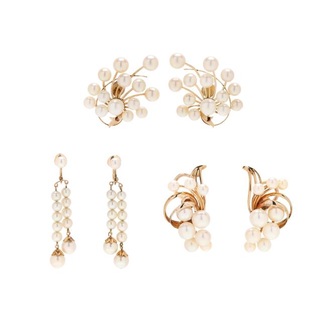 three-pairs-of-gold-and-pearl-earrings