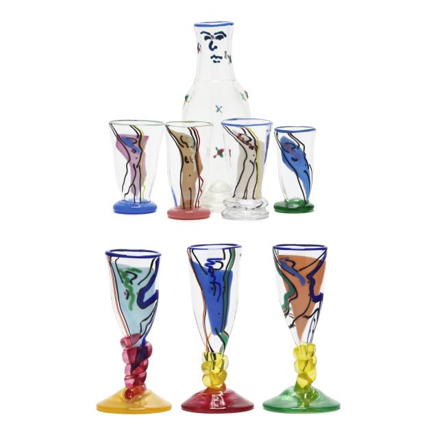 katherine-and-william-bernstein-nc-art-glass-decanter-and-seven-glasses