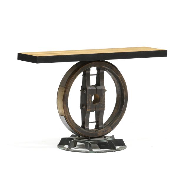 john-shoneman-nc-b-1949-industrial-modern-metal-and-wood-pedestal-table