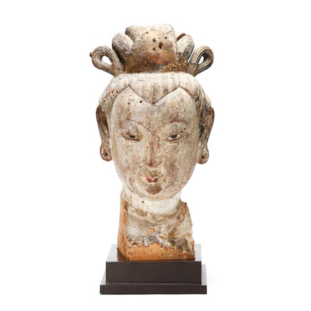a-very-fine-and-large-chinese-painted-carved-wood-head-of-guanyin