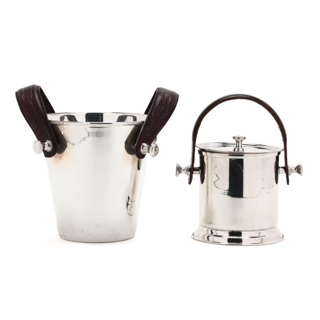 two-modernist-stainless-steel-ice-buckets-with-leather-straps