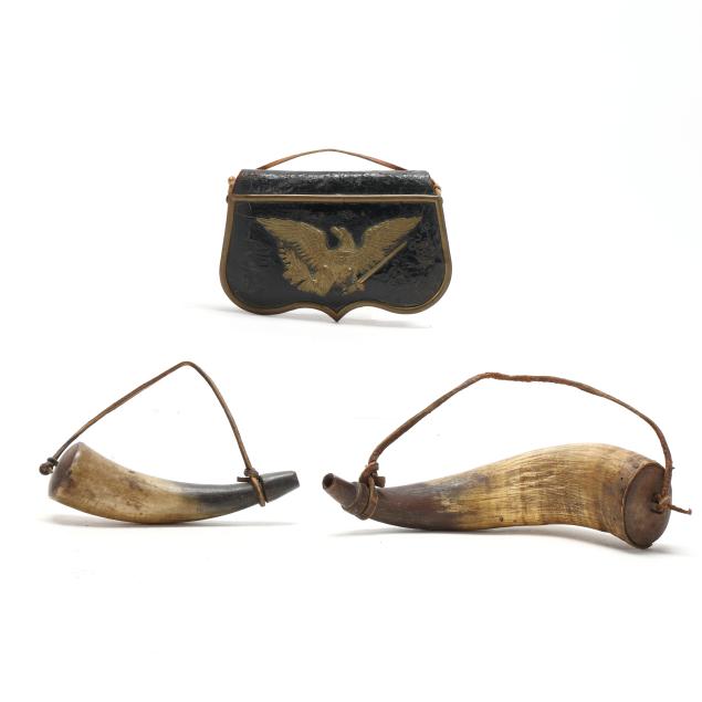 two-powder-horns-and-leather-pouch