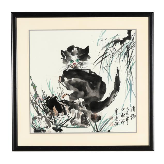 chinese-shanghai-school-late-20th-century-playful-cat-in-a-landscape