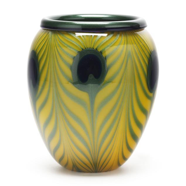 charles-lotton-pulled-peacock-feather-glass-vase