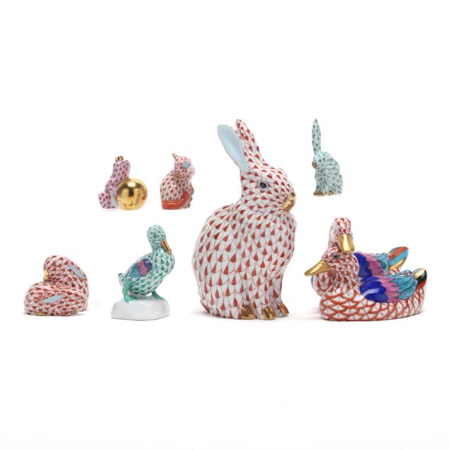 herend-collection-of-seven-fishnet-animal-figurines