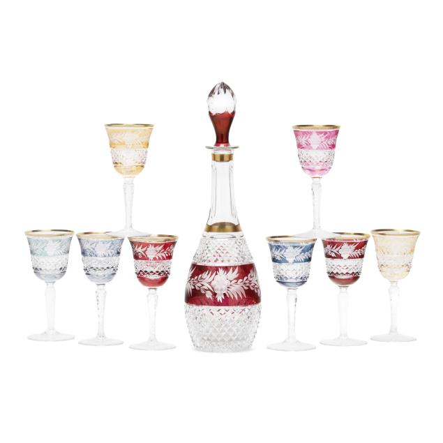 ebeling-russ-cut-to-clear-glass-decanter-and-eight-glasses