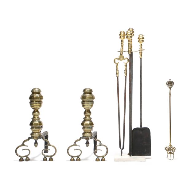 pair-of-antique-federal-brass-andirons-and-fire-tools