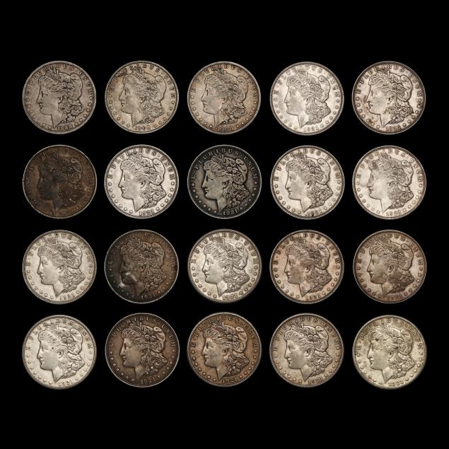 twenty-morgan-silver-dollars-mostly-dated-1921