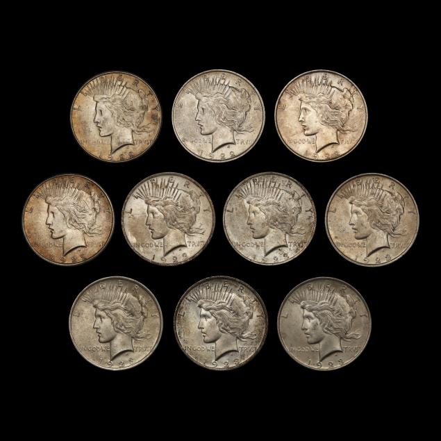 ten-10-attractive-peace-silver-dollars-au-to-uncirculated