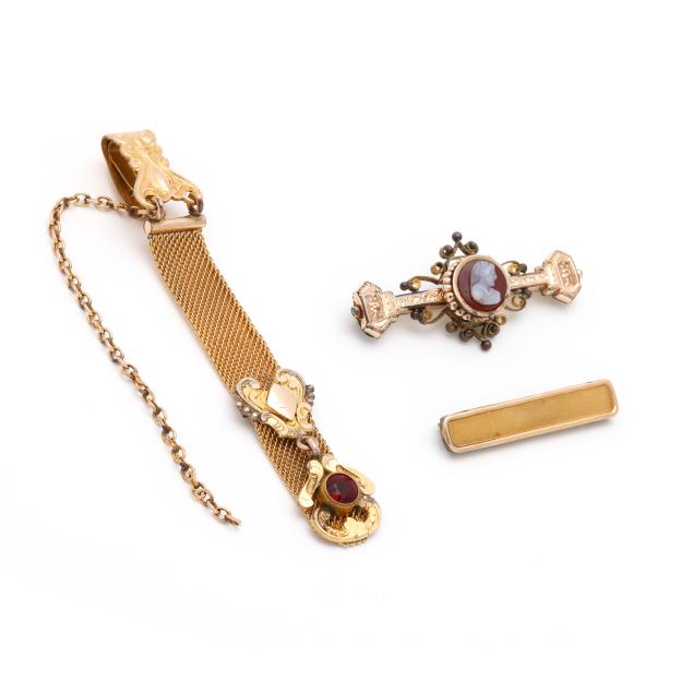 two-vintage-gold-filled-brooches-and-a-gold-filled-watch-fob