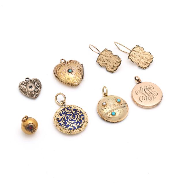 group-of-vintage-gold-charms-and-a-pair-of-gold-filled-earrings