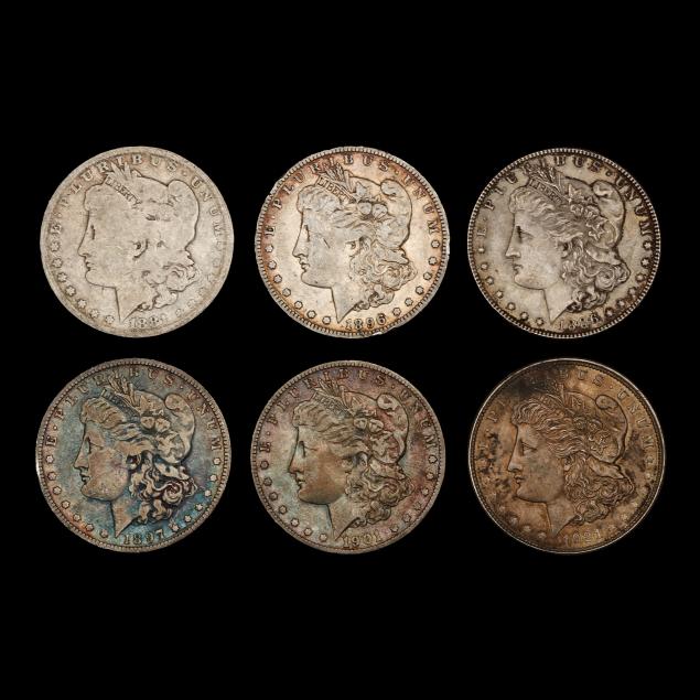 six-6-circulated-morgan-silver-dollars