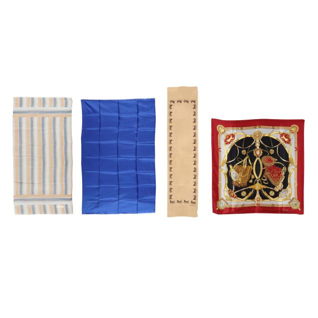 group-of-four-french-designer-scarves-pierre-balmain-celine-yves-saint-laurent-and-carven-paris