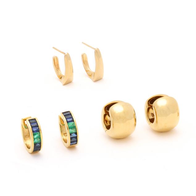 two-pairs-of-gold-hoop-earrings-and-one-pair-of-gold-and-gem-set-hoop-earrings