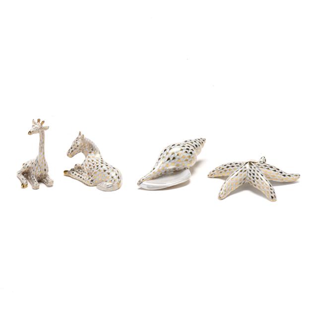 four-herend-gold-fishnet-porcelain-animals