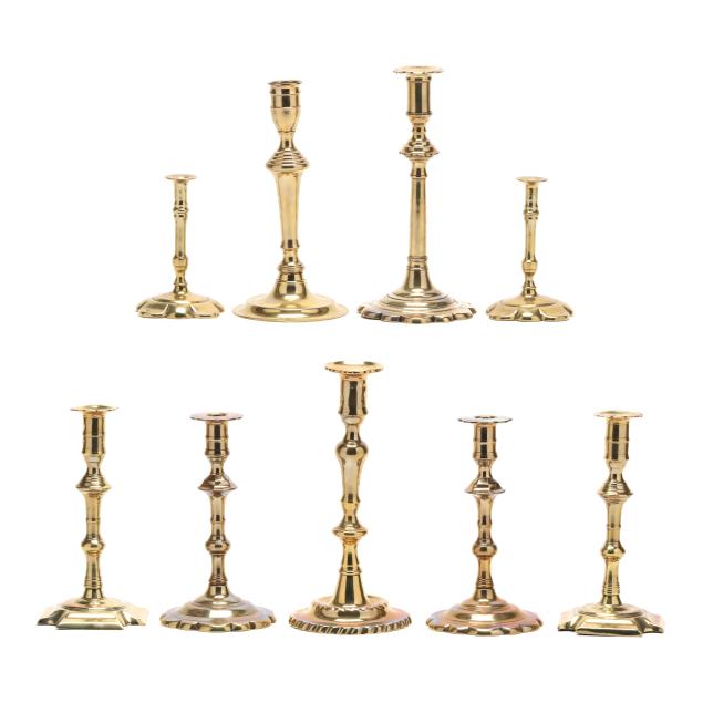 collection-of-nine-antique-english-brass-candlesticks
