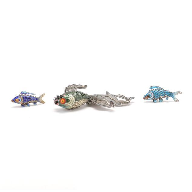 three-asian-silver-articulated-filigree-and-enamel-fish