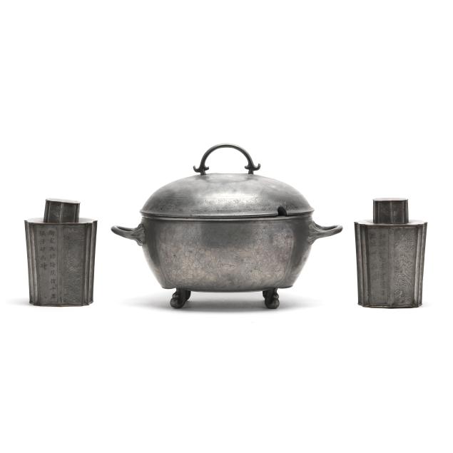 a-chinese-pewter-lidded-server-with-two-2-lidded-tea-caddies