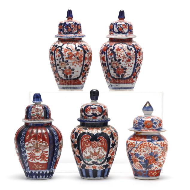 a-collection-of-five-japanese-imari-porcelain-jars-with-covers