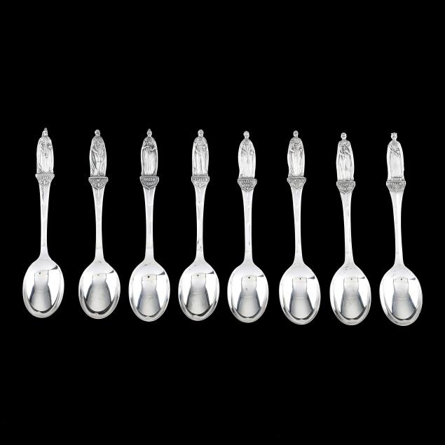 cased-set-of-eight-george-vi-silver-i-monarchs-of-the-century-i-teaspoons