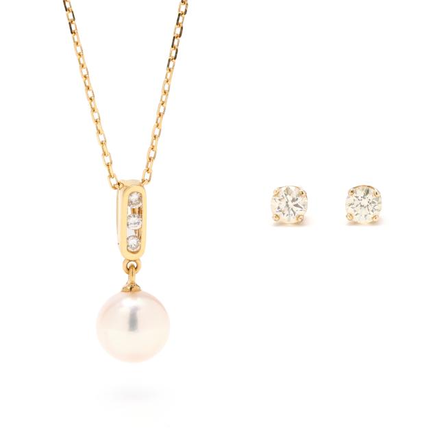 gold-and-pearl-necklace-and-a-pair-of-diamond-stud-earrings