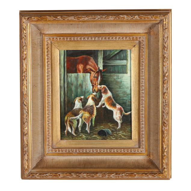 contemporary-painting-of-horse-and-hounds-in-a-stable