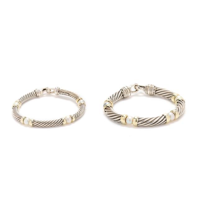 two-silver-gold-and-pearl-cable-motif-bracelets-david-yurman