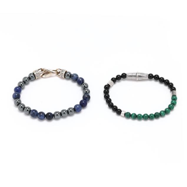 two-designer-silver-and-hardstone-bead-bracelets-signed