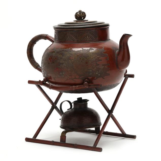 a-japanese-mixed-metal-teapot-with-bamboo-stand-and-warmer