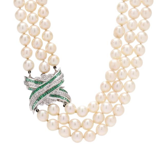 triple-strand-pearl-necklace-with-white-gold-emerald-and-diamond-clasp