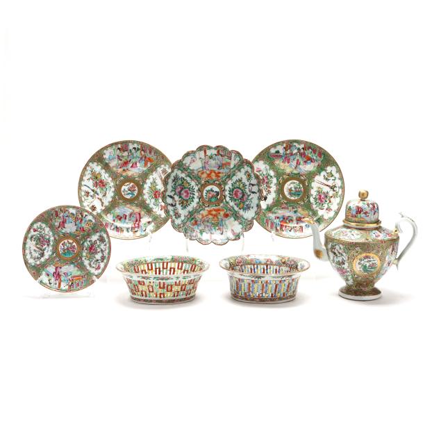 seven-pieces-of-chinese-export-rose-medallion-porcelain