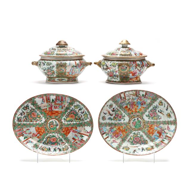two-chinese-export-porcelain-rose-medallion-tureens-with-platters