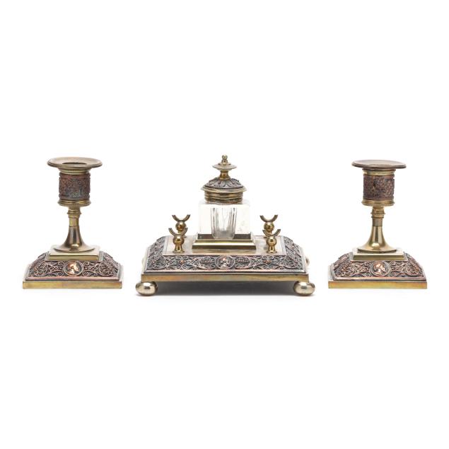 renaissance-revival-brass-and-glass-inkstand-and-pair-of-candlesticks