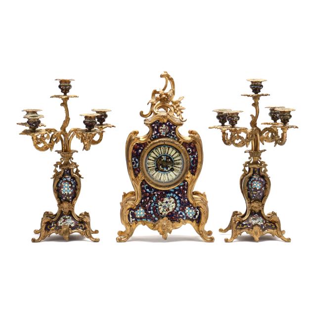 louis-xv-style-ormolu-and-champleve-enamel-mantel-clock-garniture