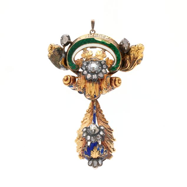 antique-gold-enamel-and-diamond-pendant-brooch