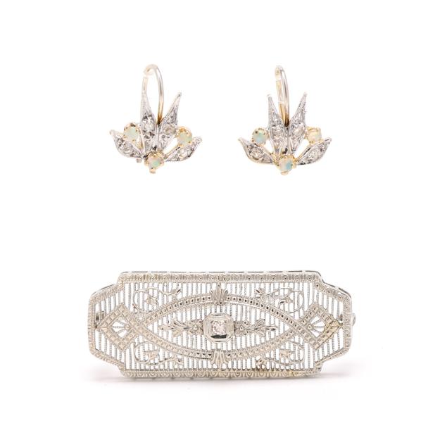 a-vintage-white-gold-and-diamond-brooch-and-a-pair-of-vintage-white-gold-opal-and-diamond-earrings
