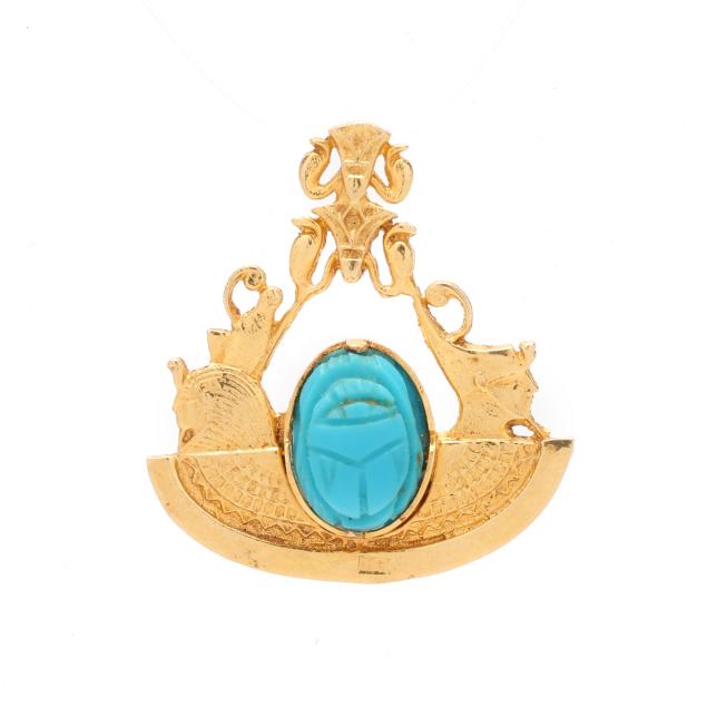 vintage-gold-and-carved-turquoise-scarab-and-pharaoh-motif-pendant-egypt
