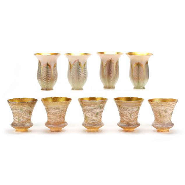 nine-assorted-quezal-glass-shades