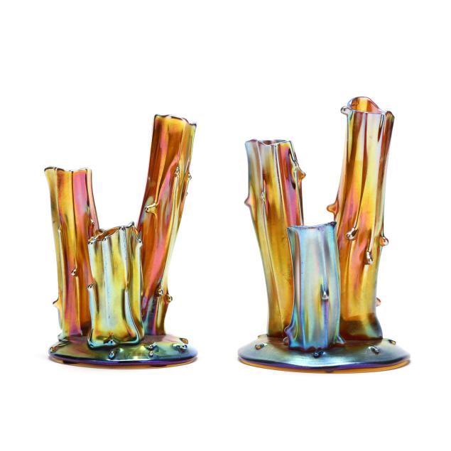 near-pair-of-steuben-gold-aurene-triple-stump-vases