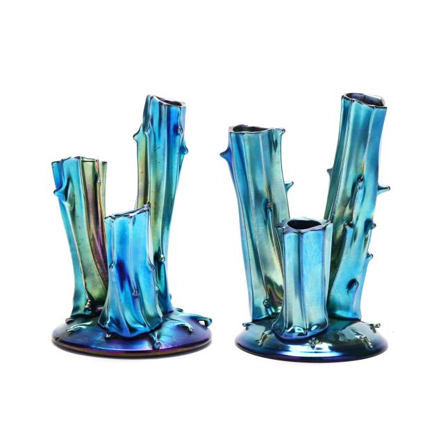 near-pair-of-steuben-blue-aurene-triple-stump-vases
