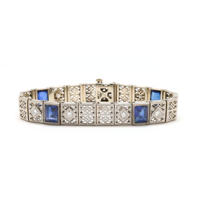 vintage-white-gold-diamond-and-synthetic-sapphire-bracelet