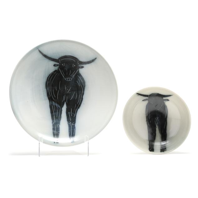 blaine-avery-seagrove-nc-two-pottery-items-with-bull-decoration