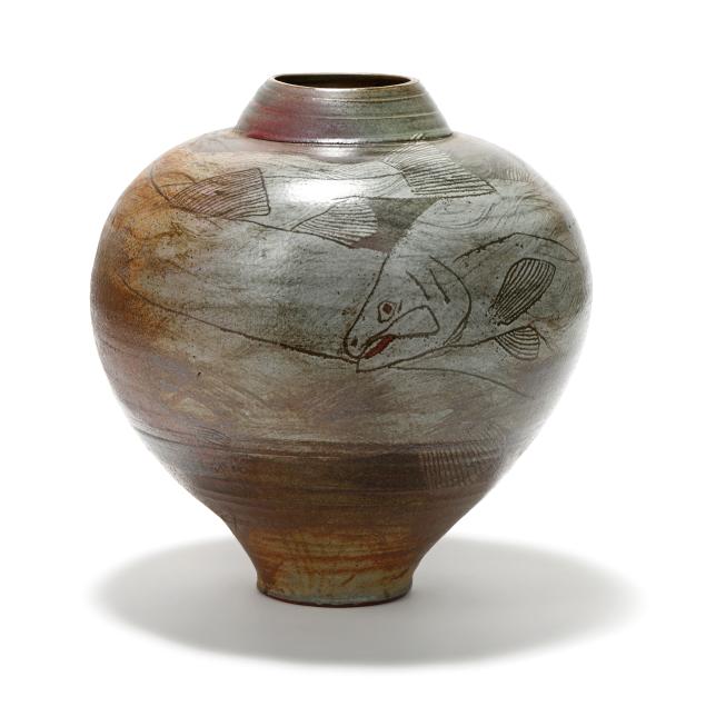 alan-bennett-american-large-ovoid-stoneware-floor-vase-with-trout