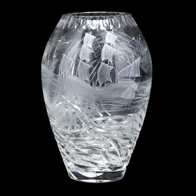 large-engraved-glass-vase-featuring-clipper-ship-signed