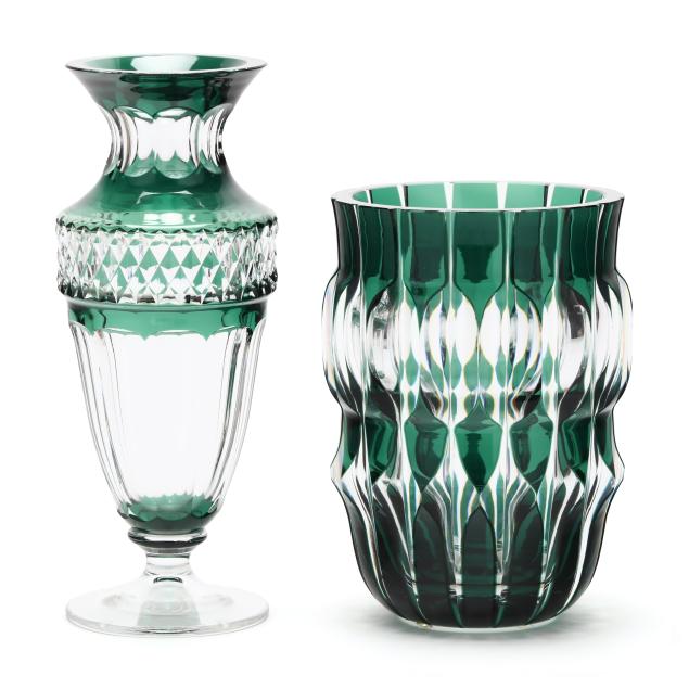 val-st-lambert-two-green-cut-to-clear-crystal-vases
