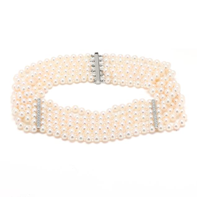 multi-strand-pearl-choker-with-white-gold-and-diamond-stations