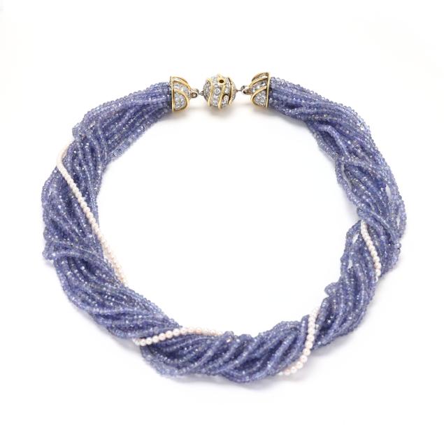 multi-strand-tanzanite-and-pearl-bead-necklace-with-gold-platinum-and-diamond-clasp