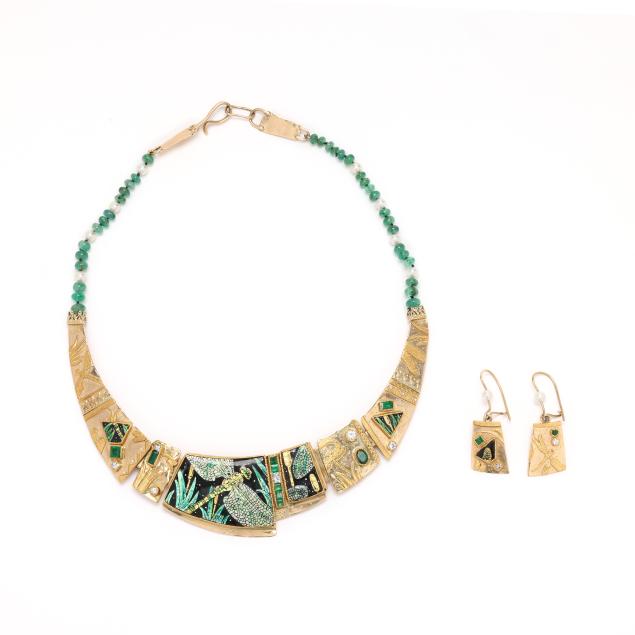 gold-enamel-and-gem-set-dragonfly-motif-necklace-and-earrings-marianne-hunter
