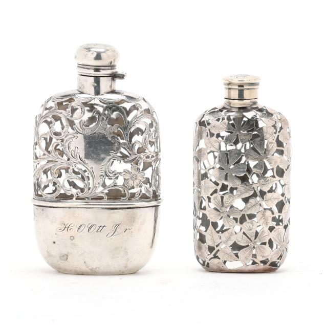 two-alvin-sterling-silver-overlaid-glass-flask-bottles